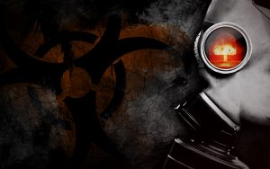 Man with a gas mask and the nuclear symbol in the background (RED) 4K