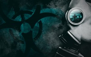 Man with a gas mask and the nuclear symbol in the background (BLUE) 4K