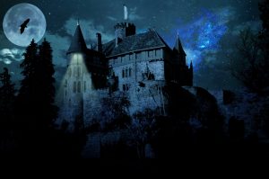 A haunted castle on a full moon night HD